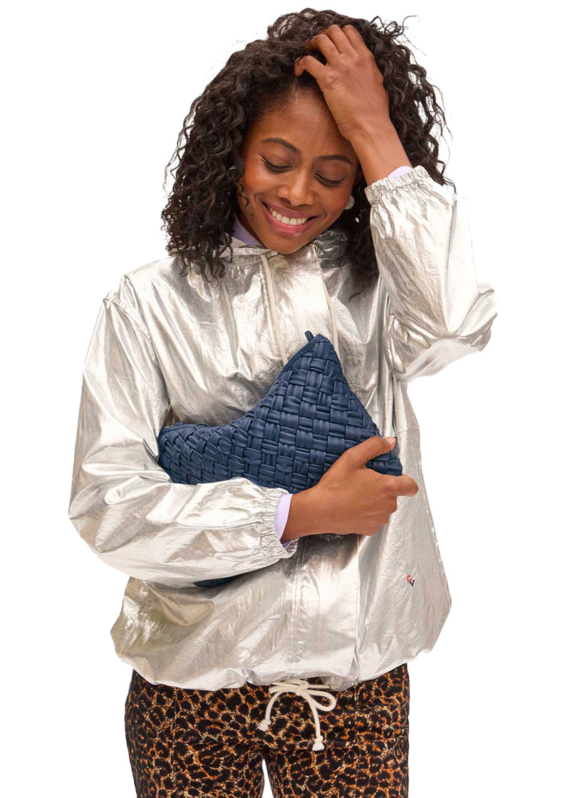 Flat clutch w/ tabs in bright navy puffy woven