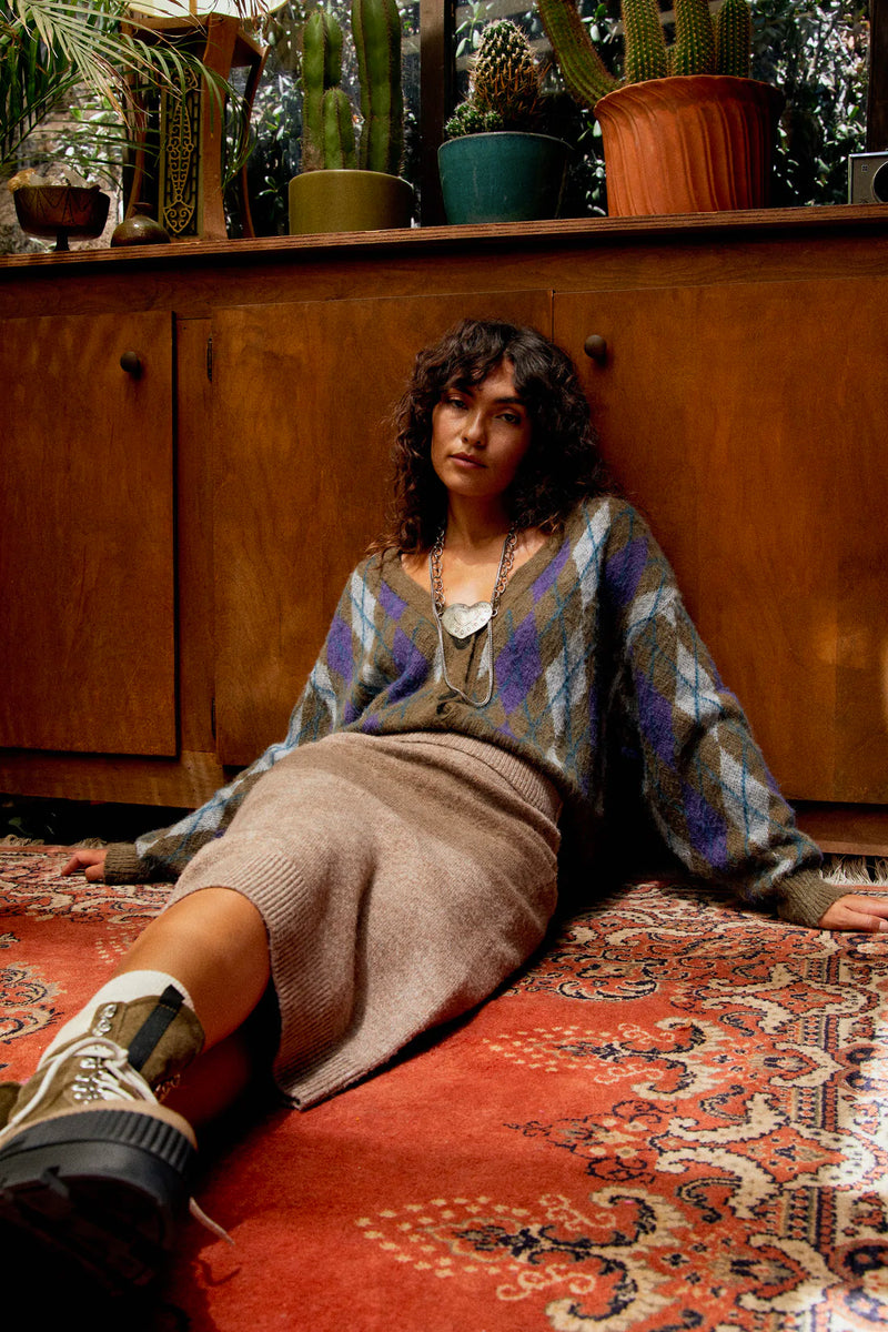 Argyle cardigan in forest mist