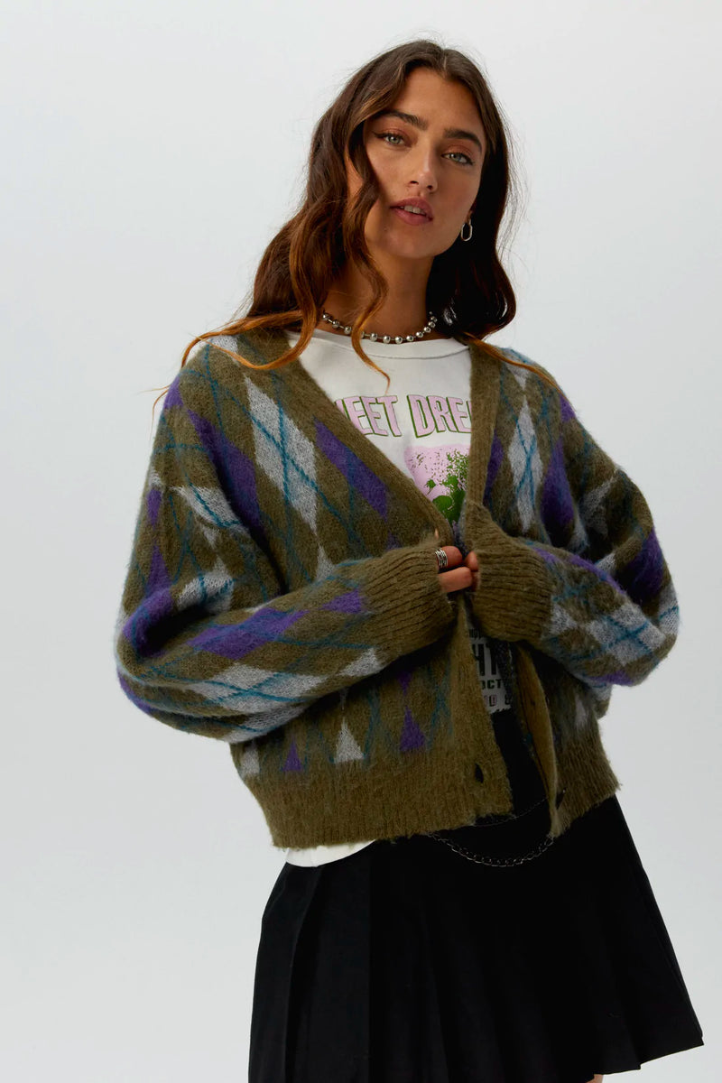 Argyle cardigan in forest mist