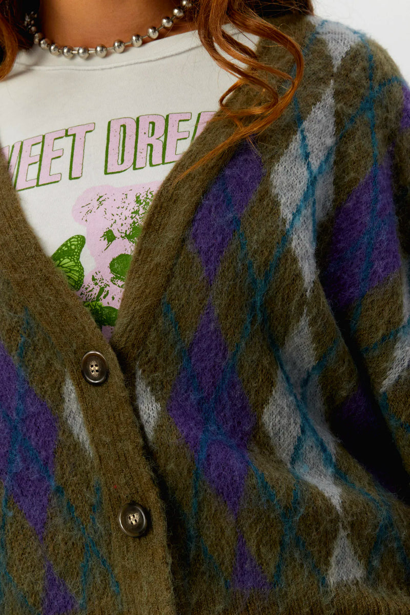 Argyle cardigan in forest mist