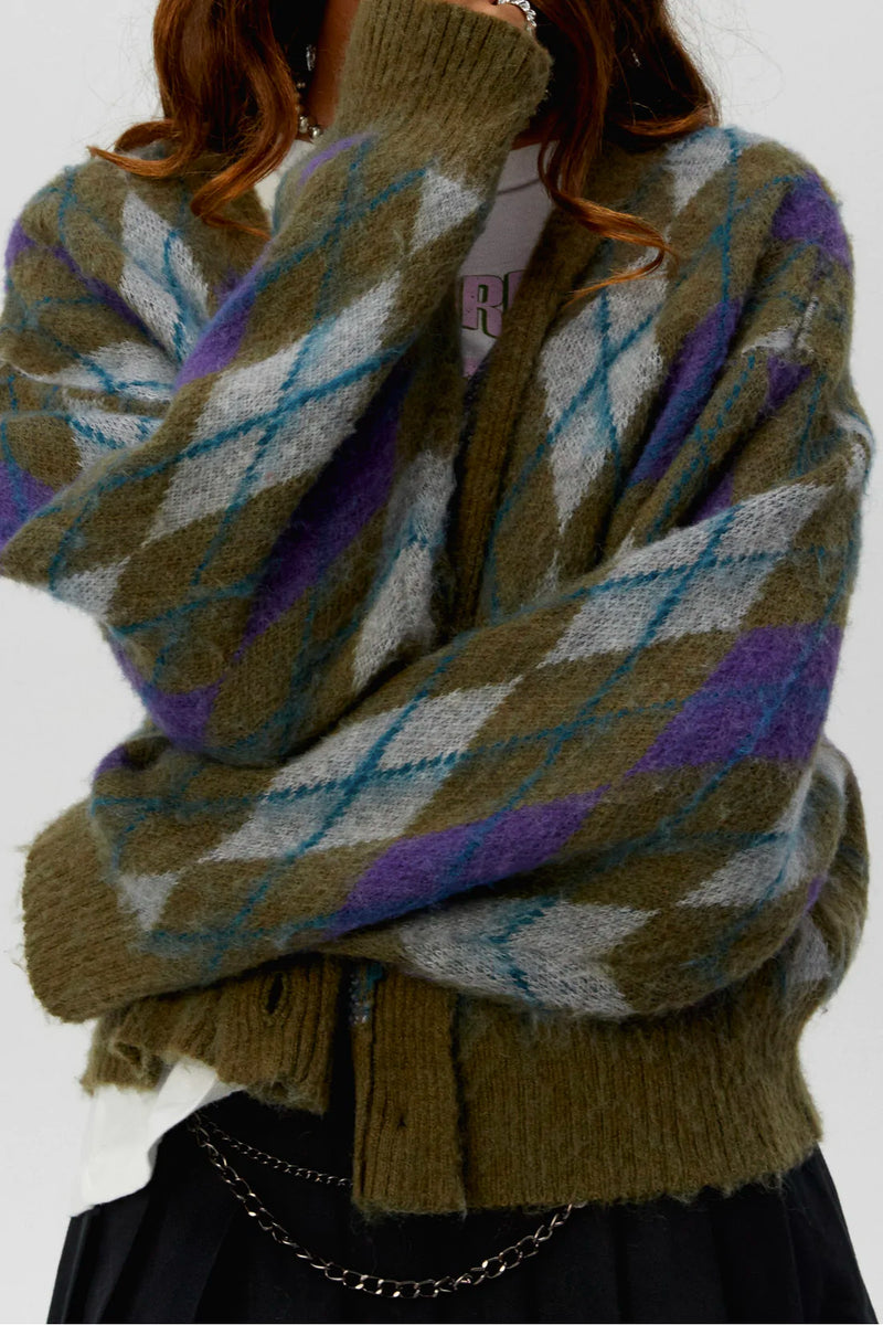 Argyle cardigan in forest mist