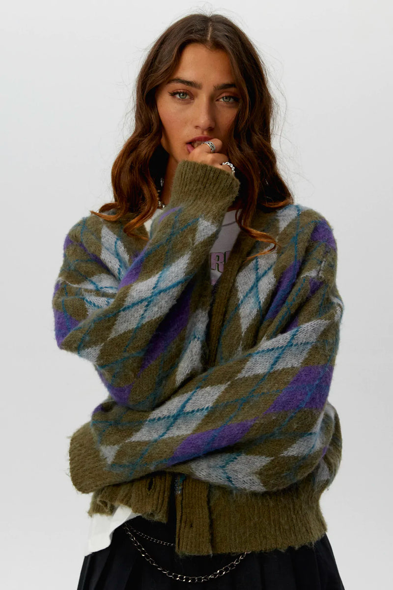 Argyle cardigan in forest mist