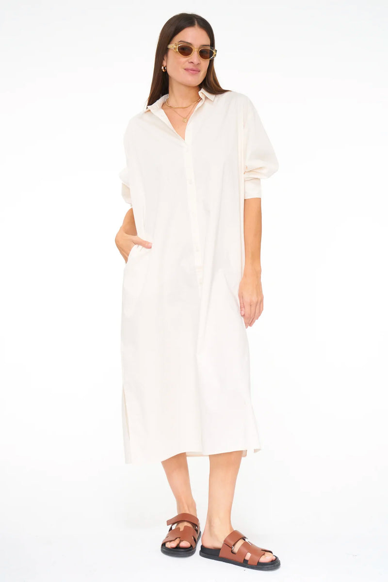 Sloane oversized button down maxi shirt dress in sand shell