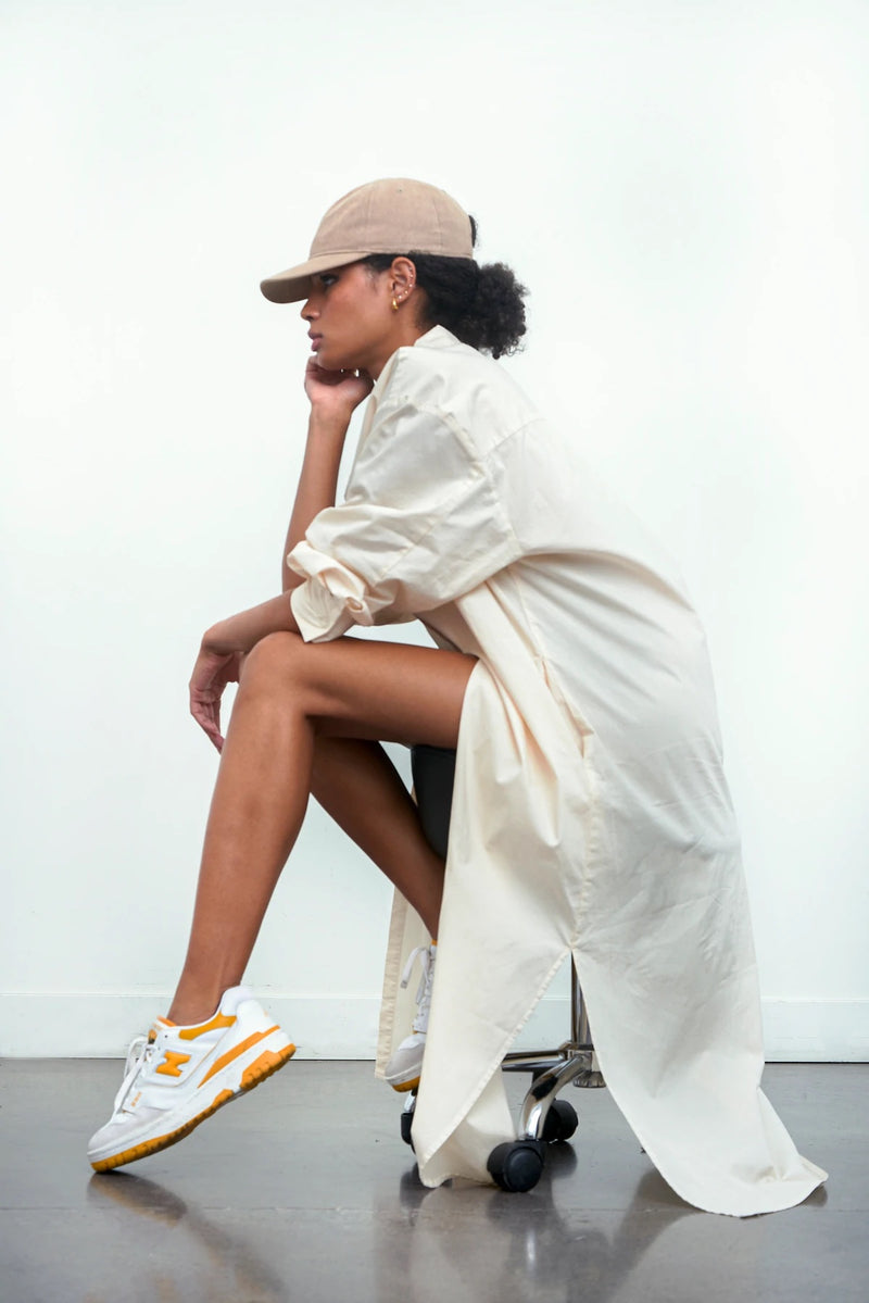 Sloane oversized button down maxi shirt dress in sand shell
