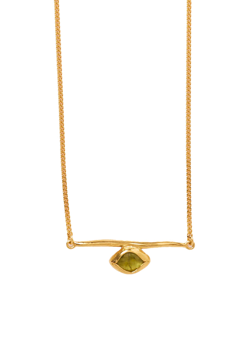 Bezel wrapped necklace in gold peridot