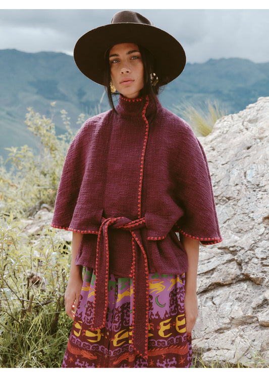 Brio cape coat in burgundy