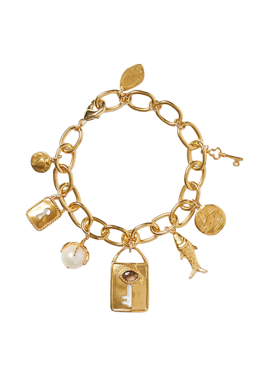 Lock and key charm bracelet in gold