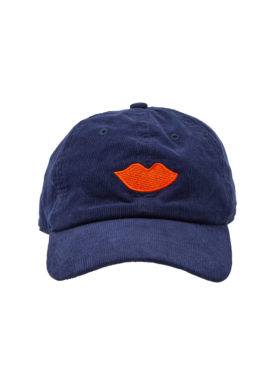 *PREORDER* Lips corduroy baseball hat in navy w/ bright poppy