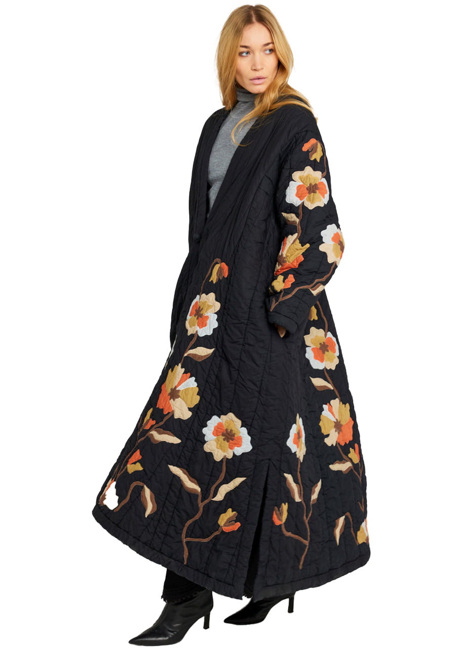 Dream quilted kimono coat in black floral