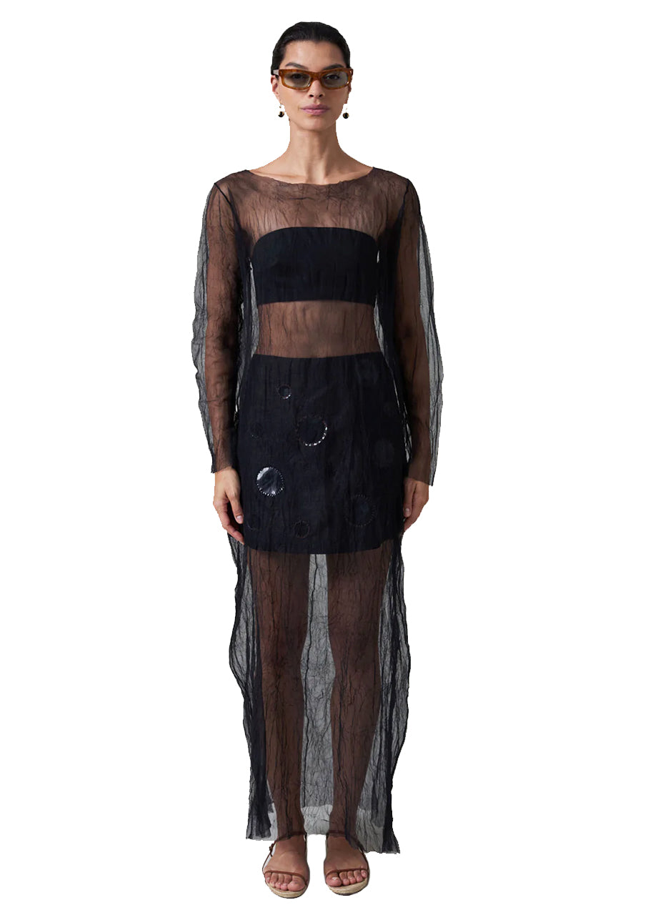 Ghost crinkle overlay dress in mesh black