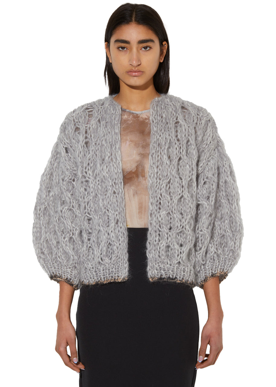 Mohair honeycomb bomber cardigan in silver creme melange