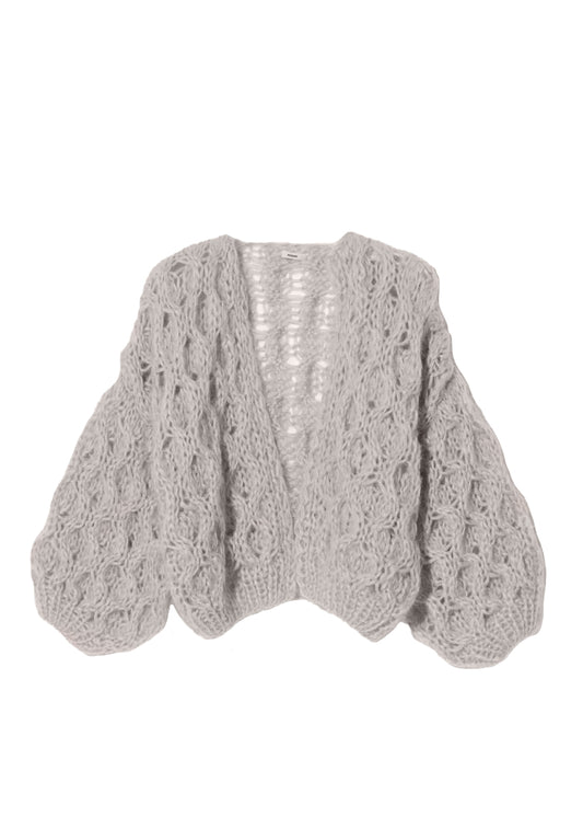 Mohair honeycomb bomber cardigan in silver creme melange