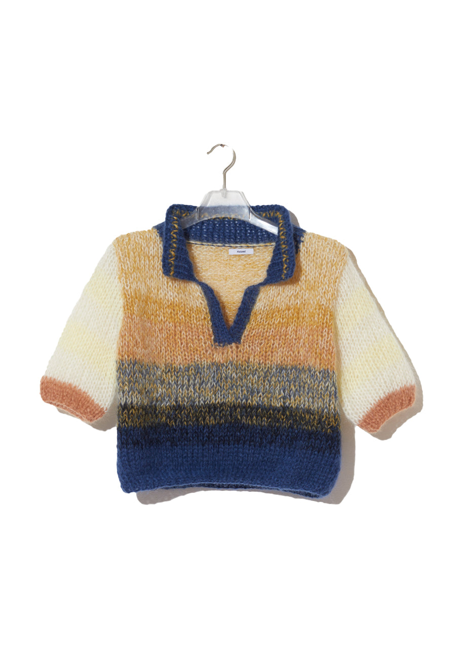 Mohair short sleeve polo sweater in mustard denim