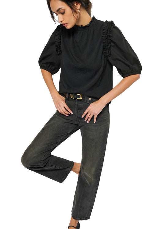 Roya ruched neck top in jet black