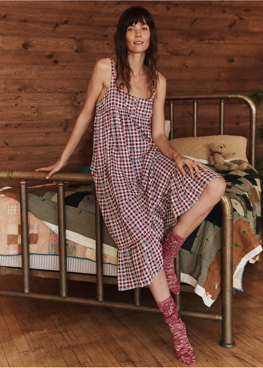 The ruffle tank night dress in bordeaux plaid