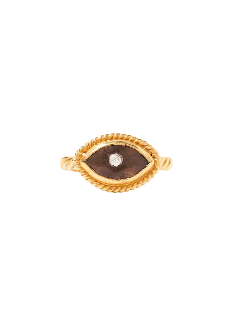 Twist evil eye ring in gold smoky quartz