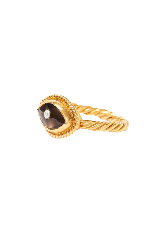 Twist evil eye ring in gold smoky quartz