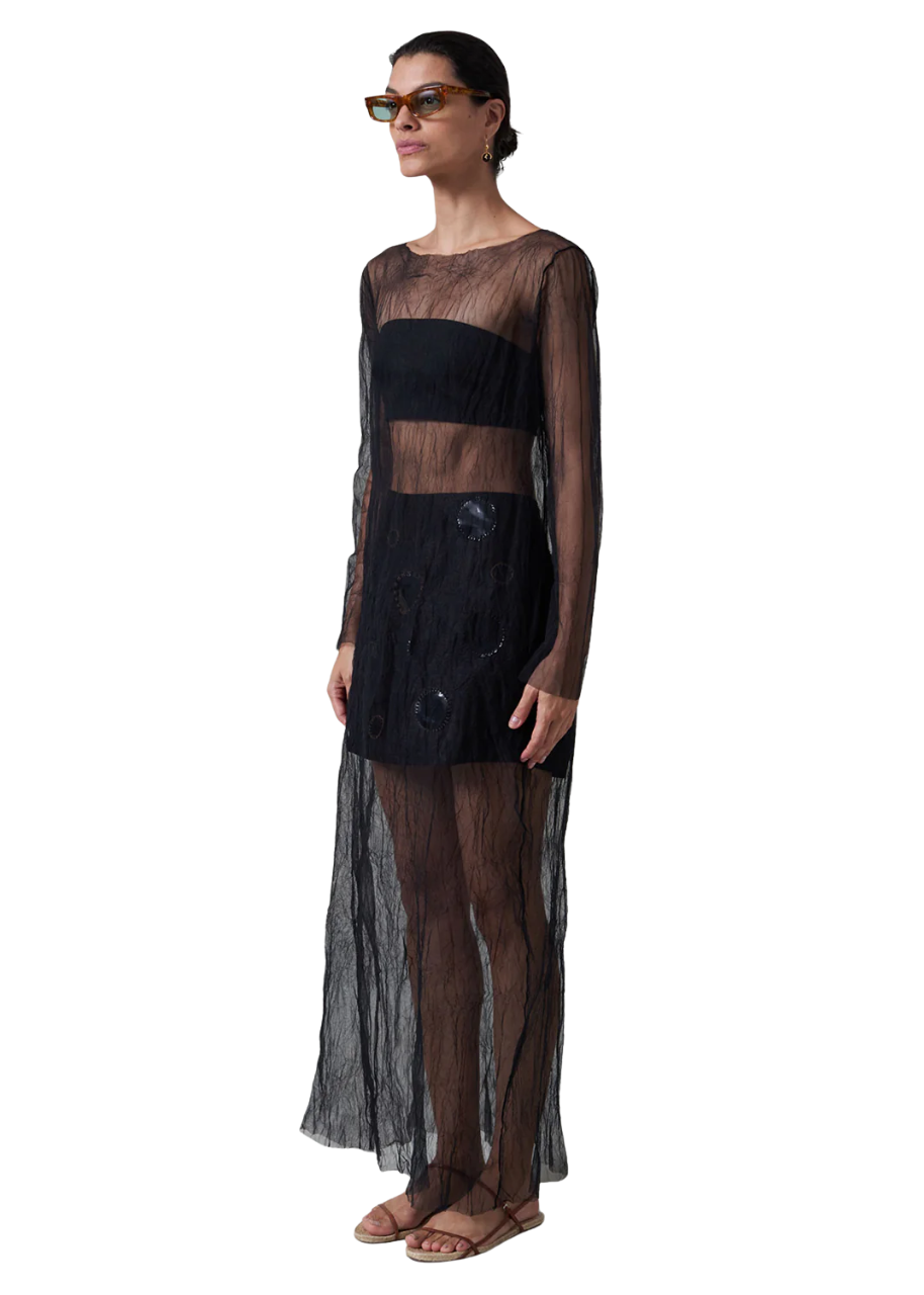 Ghost crinkle overlay dress in mesh black