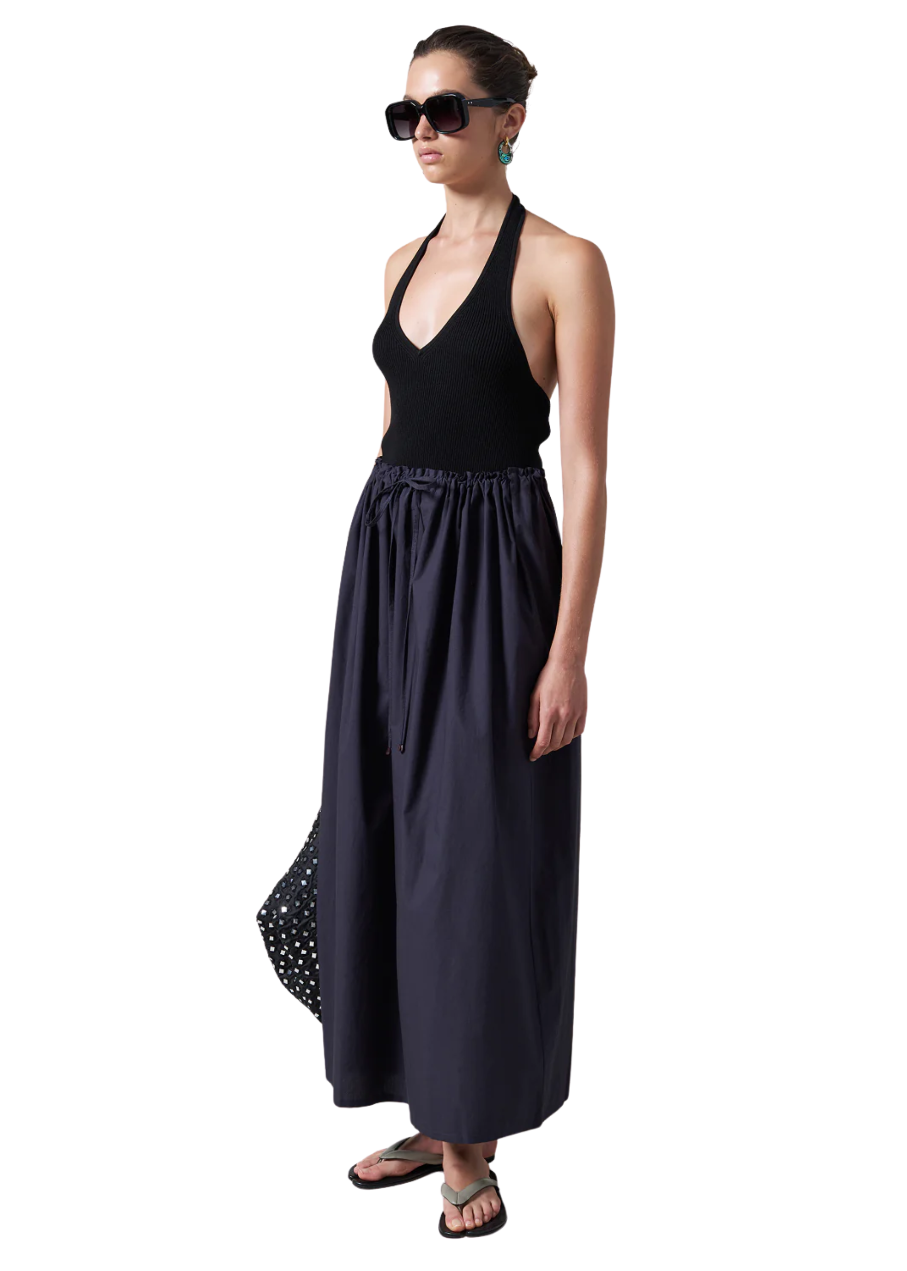 Poplin column skirt in midnight navy