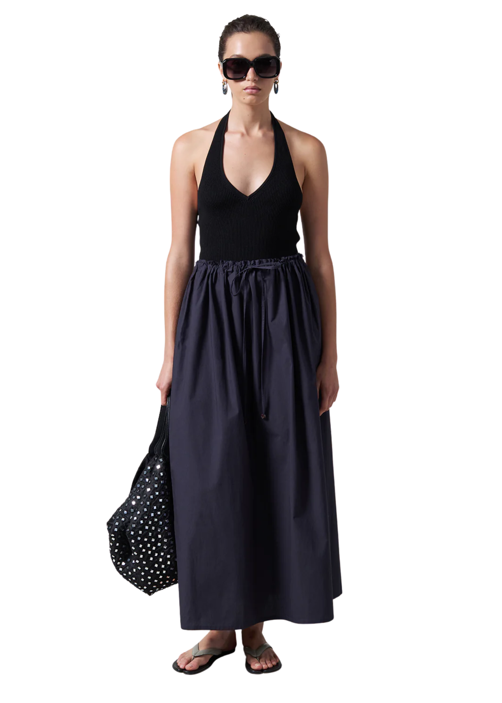 Poplin column skirt in midnight navy