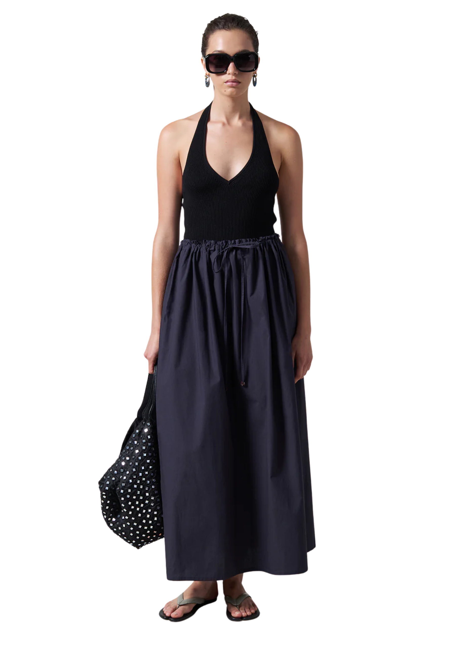 Poplin column skirt in midnight navy