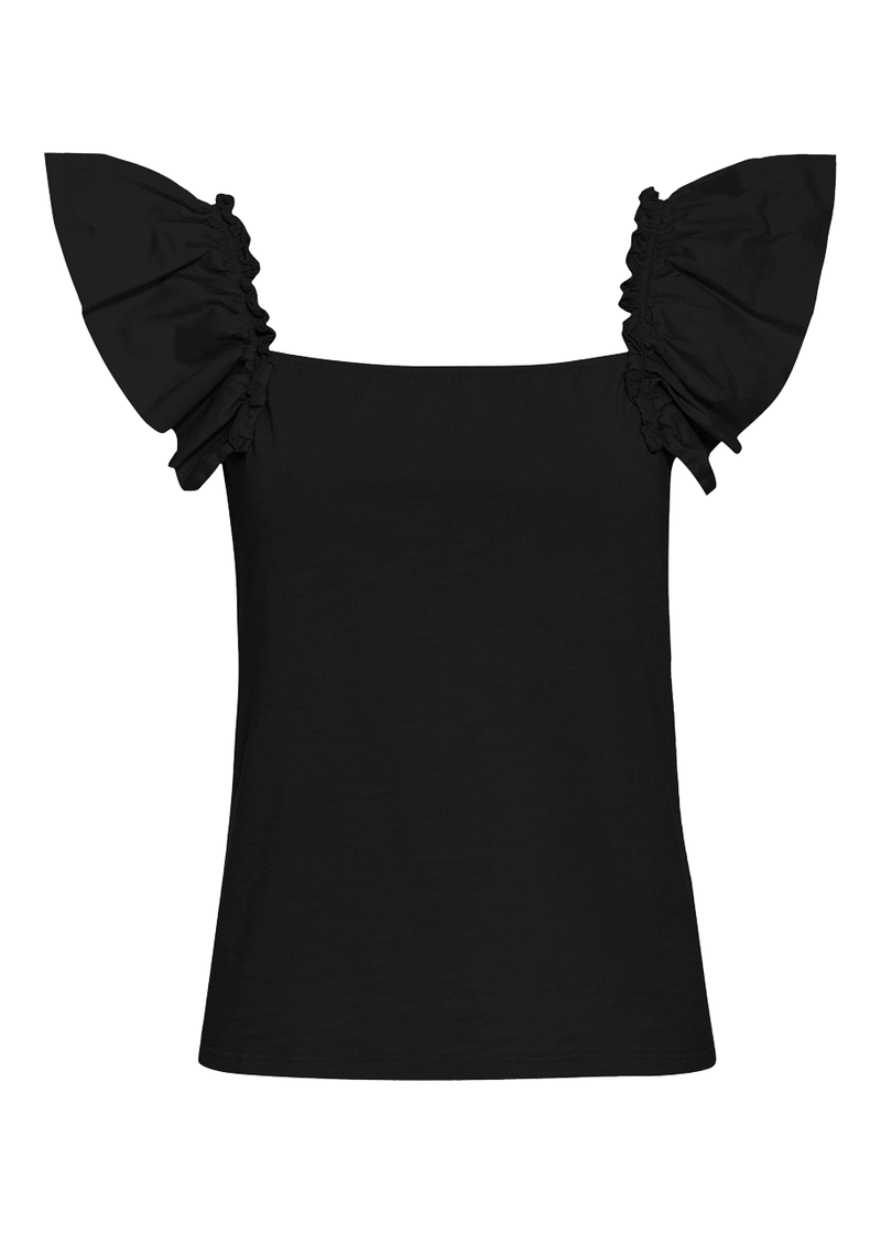 Misty open back ruffle tank in jet black