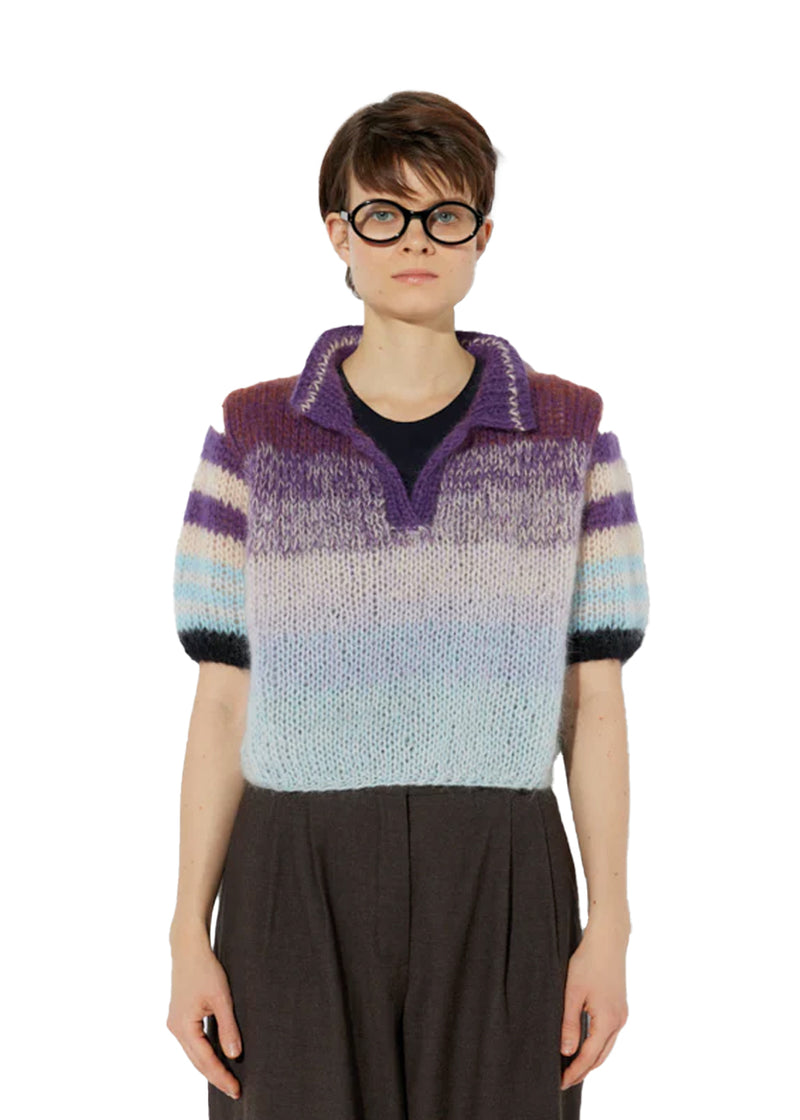 Mohair short sleeve polo sweater in mustard denim