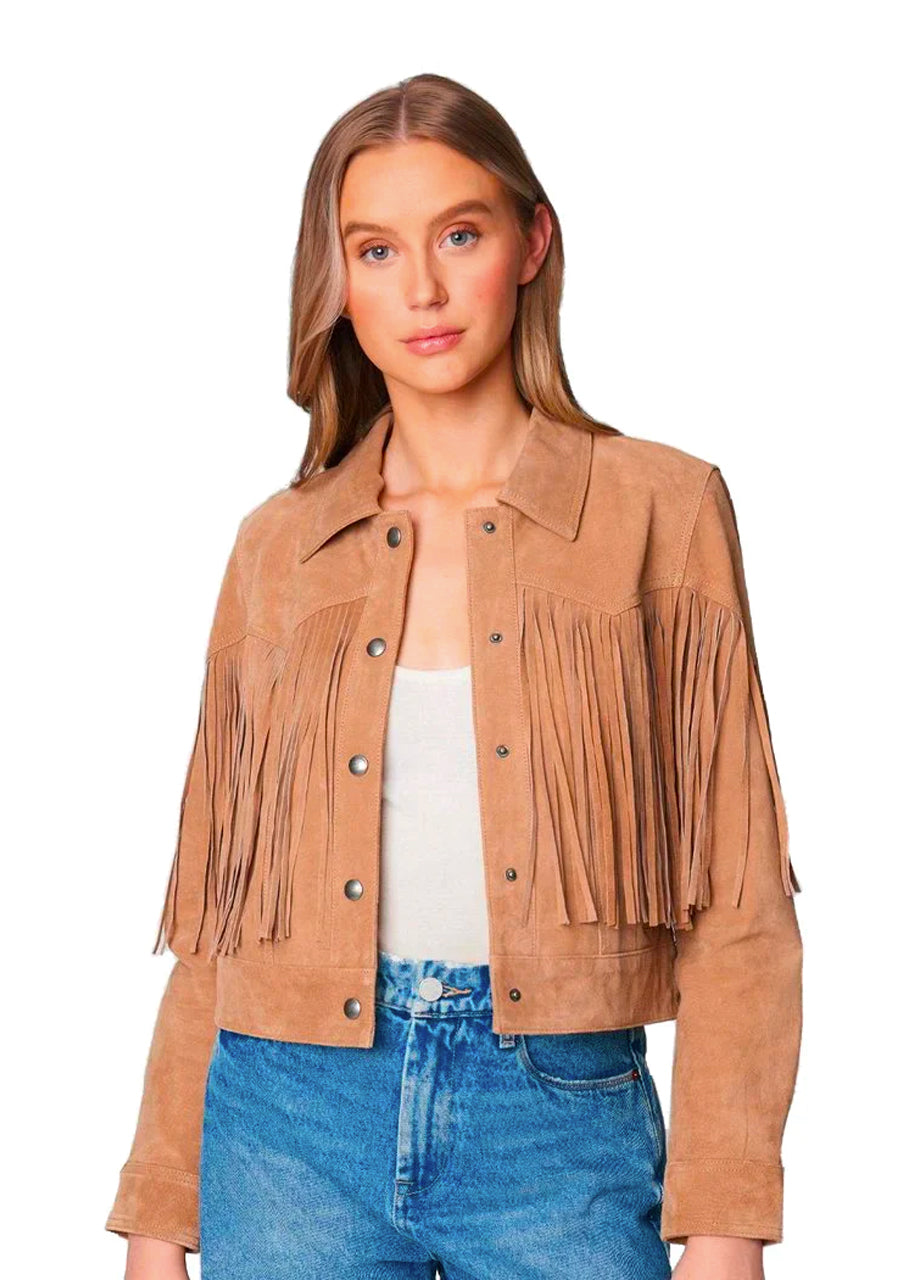 Fringe suede jacket in almond butter