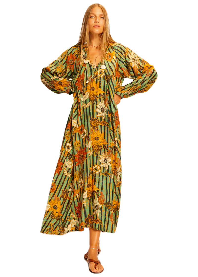 Fiore maxi dress in sunflower stripe moss green