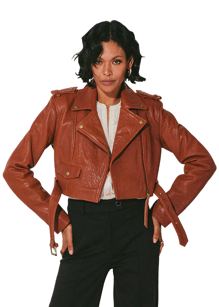 Cropped leather jacket in cognac