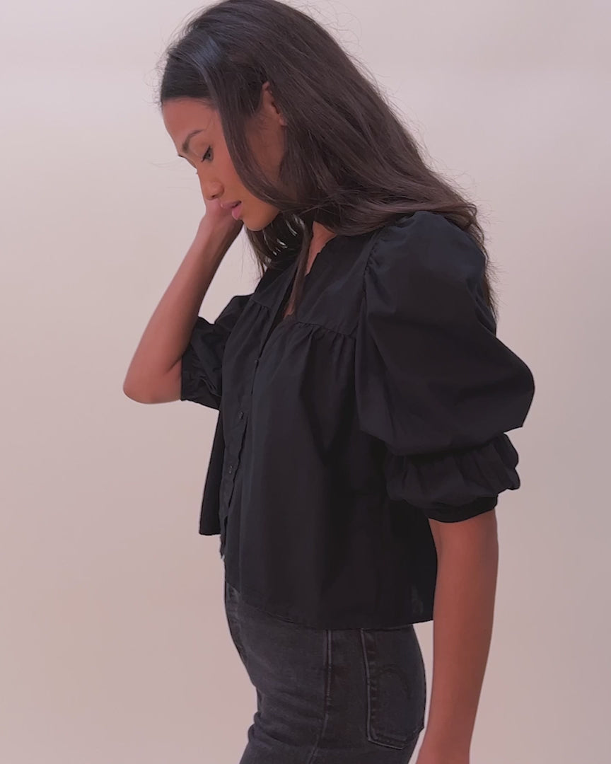 Geneva romantic crop blouse in jet black