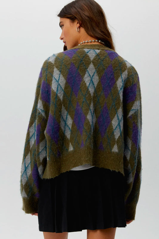 Argyle cardigan in forest mist