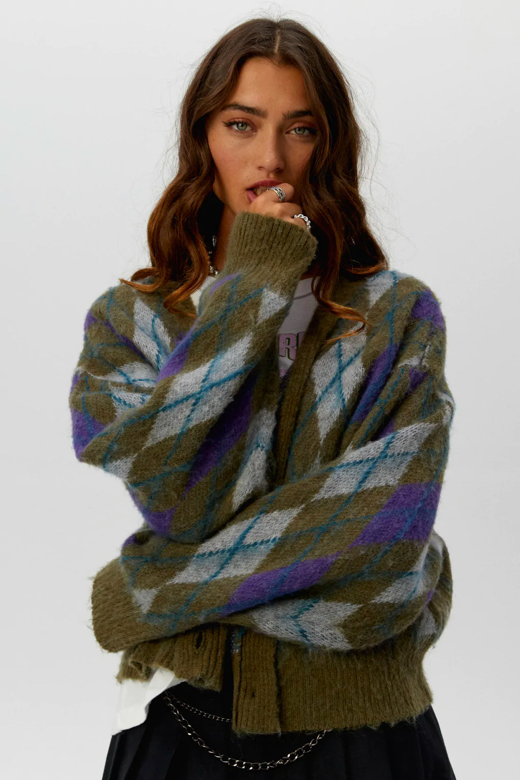 Argyle cardigan in forest mist