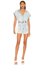 Time zone romper in acid wash denim