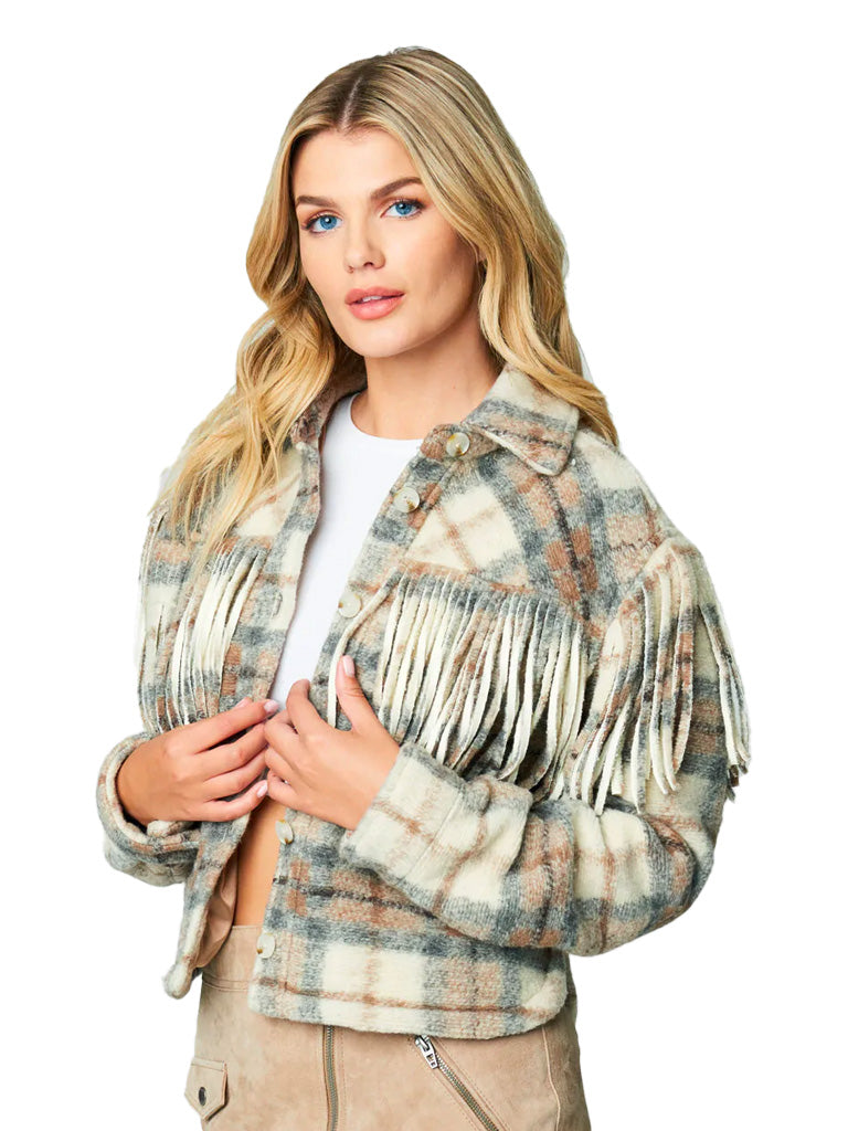 Take note cropped shacket in fringe plaid