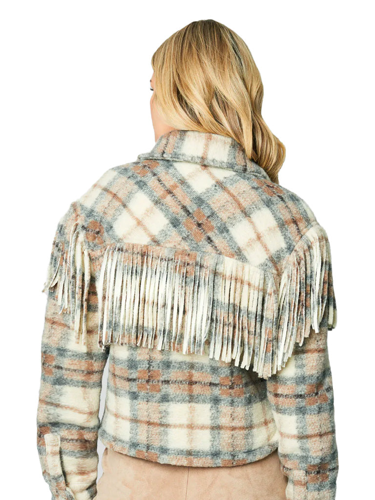 Take note cropped shacket in fringe plaid