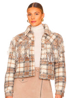 Take note cropped shacket in fringe plaid