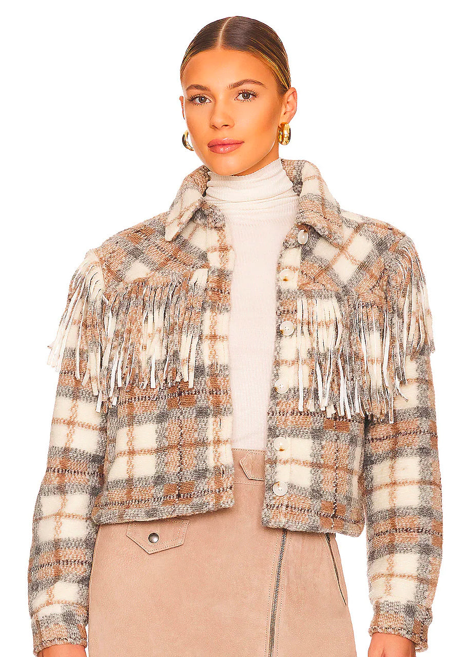 Take note cropped shacket in fringe plaid