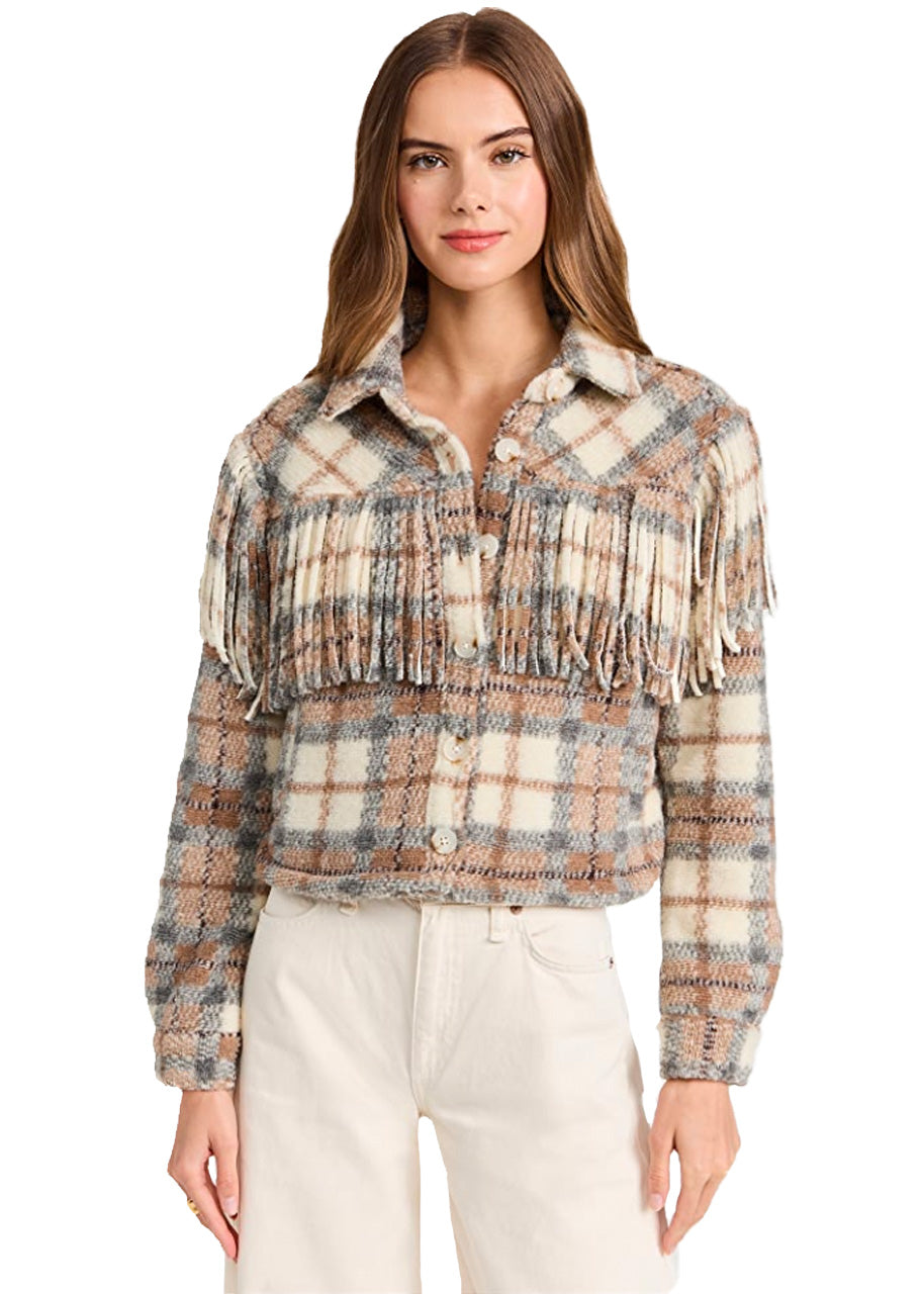 Take note cropped shacket in fringe plaid