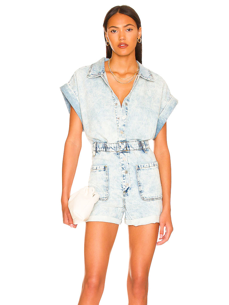 Time zone romper in acid wash denim