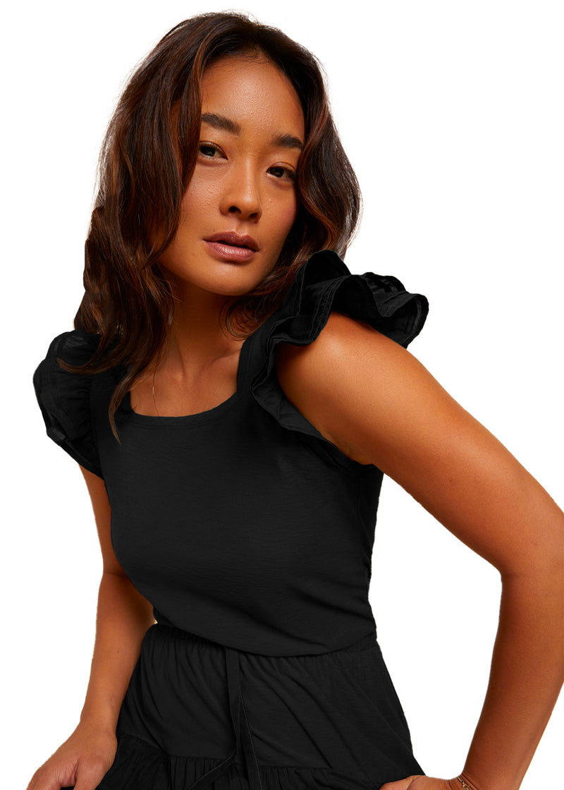 Cameo notched ruffle tank in jet black