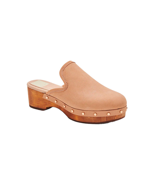 Gold studded closen clogs in camel nubuck