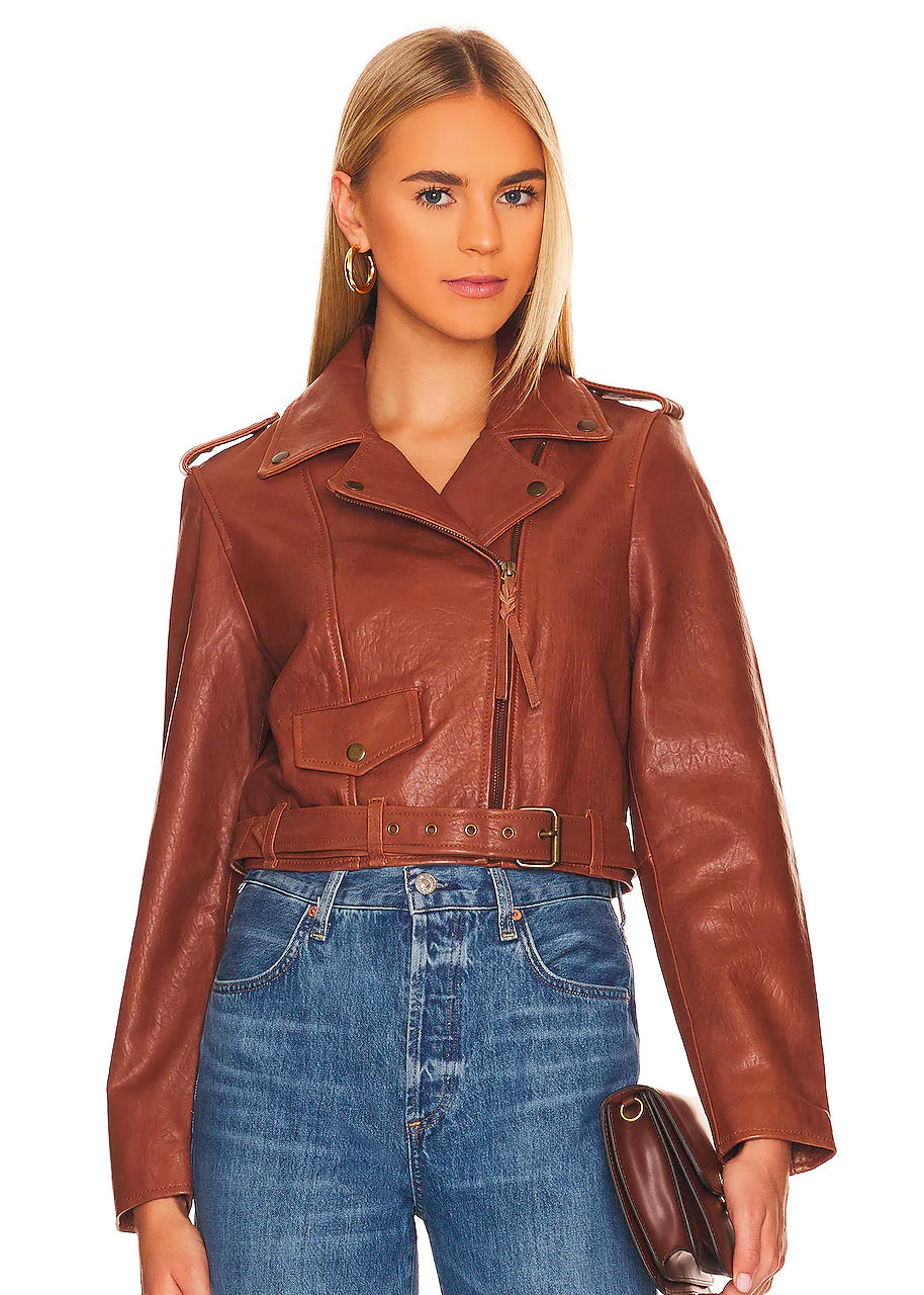 Cropped leather jacket in cognac
