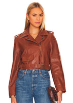 Cropped leather jacket in cognac