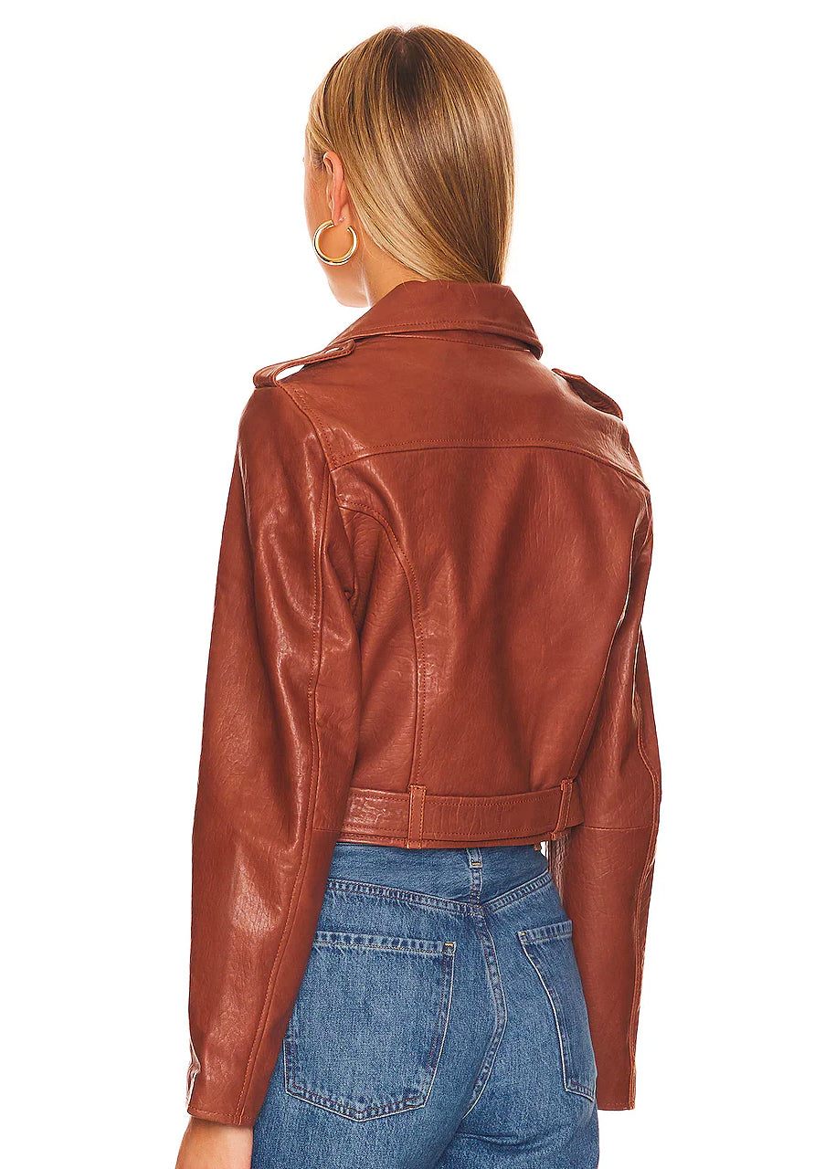 Cropped leather jacket in cognac