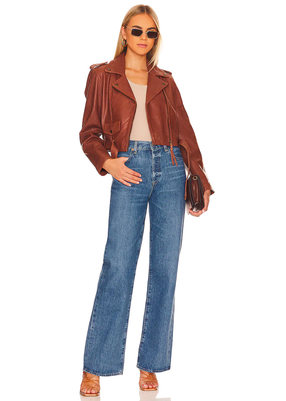 Cropped leather jacket in cognac