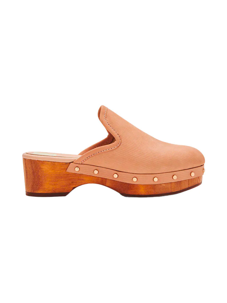 Gold studded closen clogs in camel nubuck