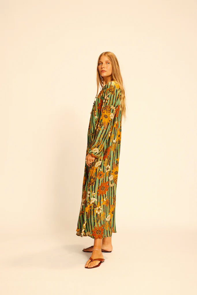 Fiore maxi dress in sunflower stripe moss green