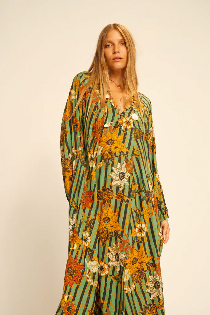 Fiore maxi dress in sunflower stripe moss green