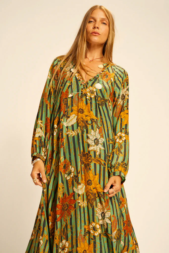 Fiore maxi dress in sunflower stripe moss green